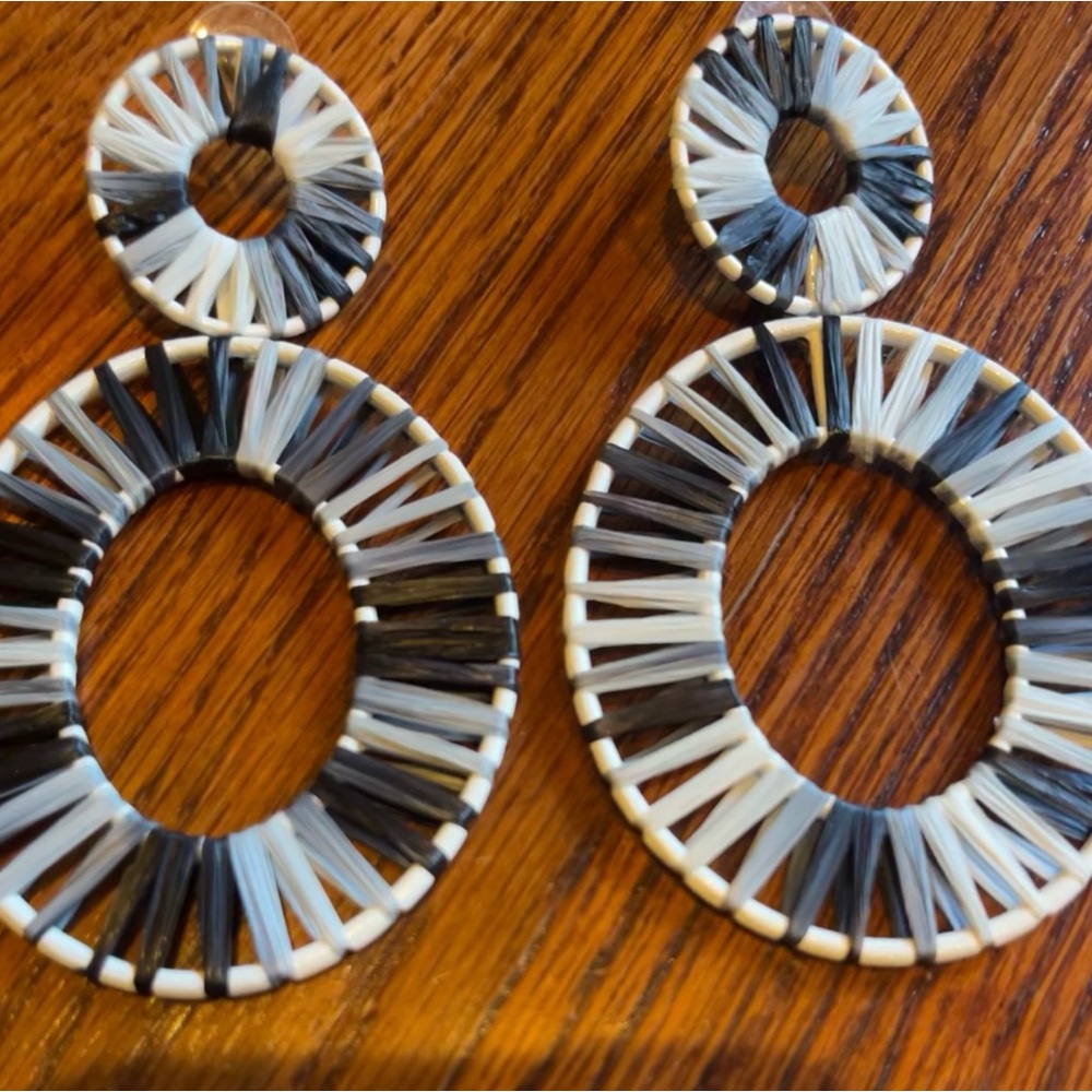Boho Raffia Striped Hoop Earrings Black/White/Gray